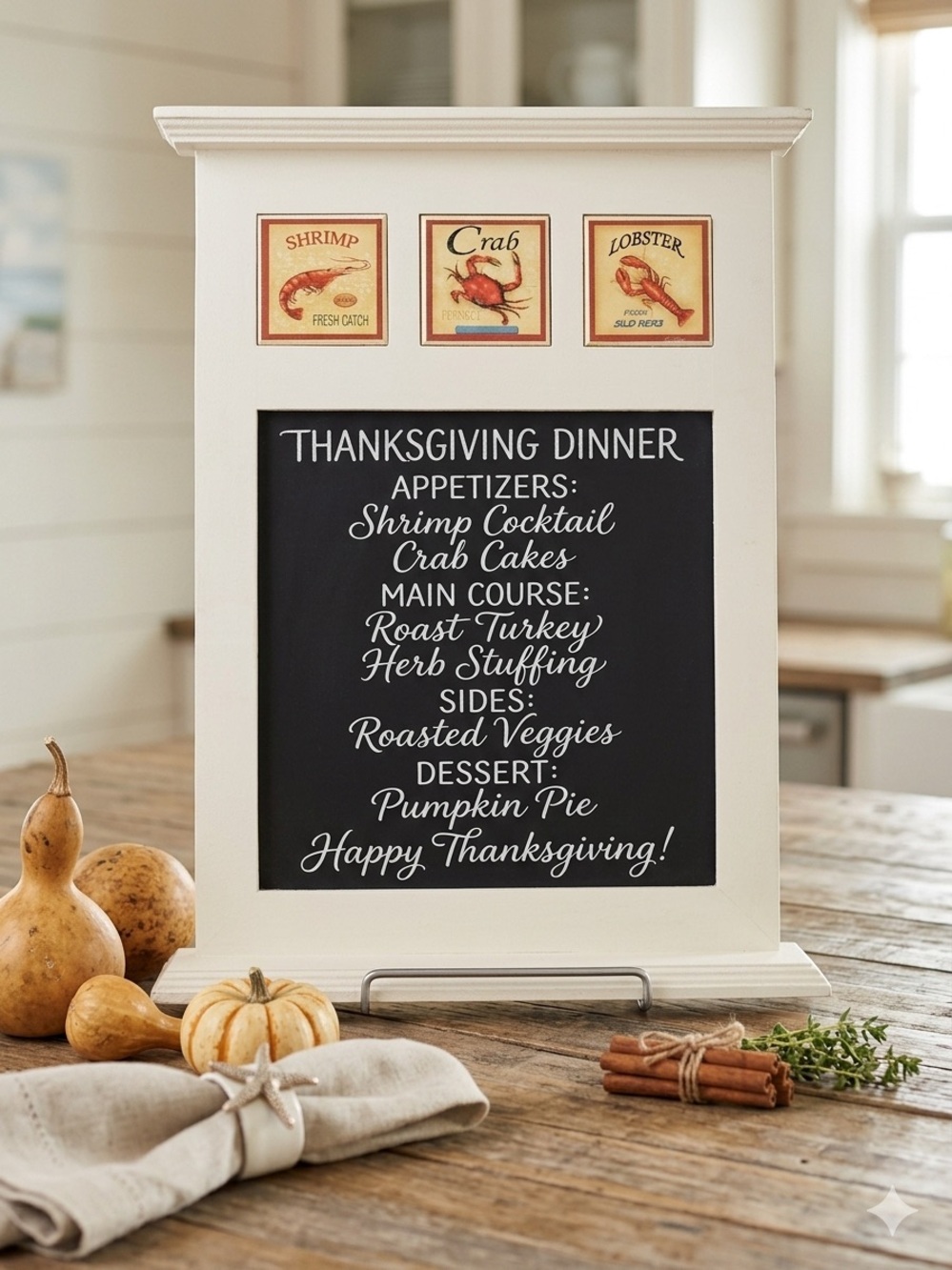 Vintage Y2K New View Gifts Coastal Seafood Kitchen Chalkboard Sign White Framed